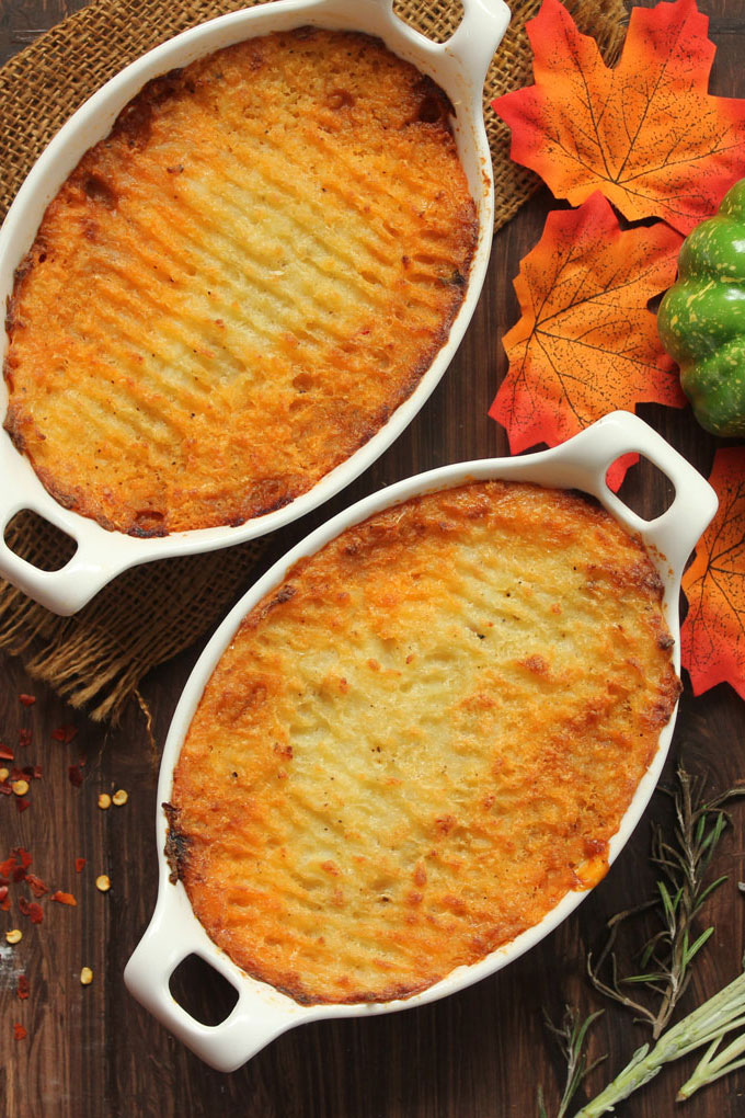 aerial shot of baked Shepherd's Pie in a white baking dish