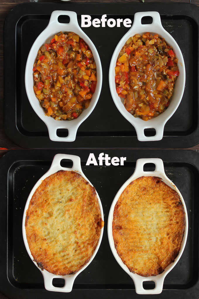 aerial shot of before and after of  veg Shepherd's Pie