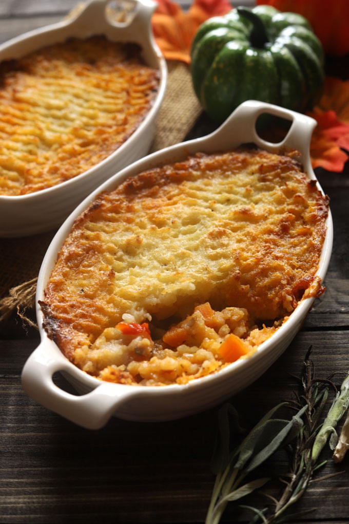 side shot of veg Shepherd's Pie in a white bakeware