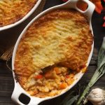 aerial shot of Shepherd's pie in a white bakeware