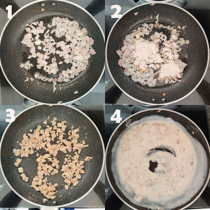 Collage of cooking steps making white sauce for the sandwich