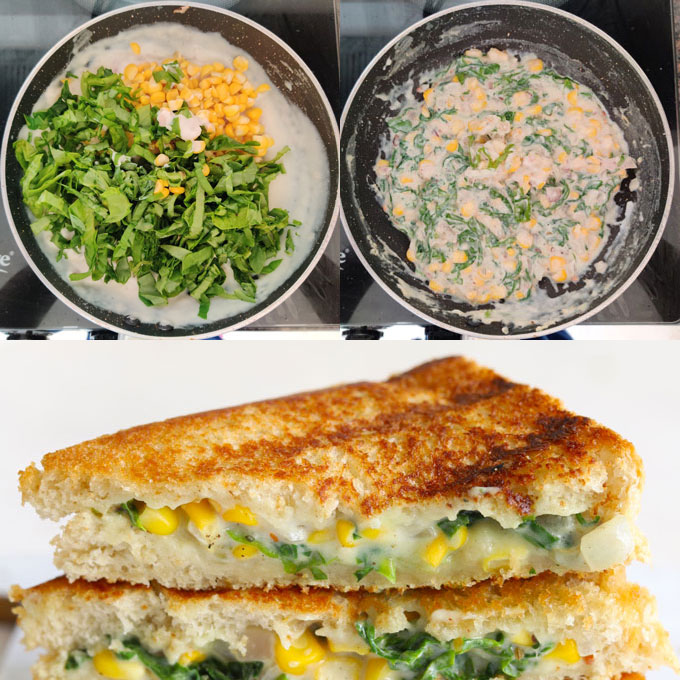 Collage of making spinach corn sandwich