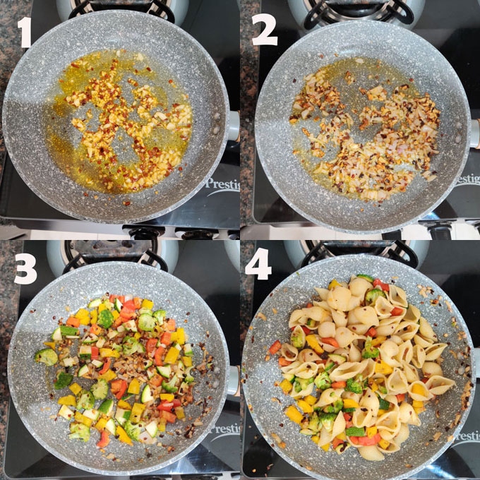 Collage of stir fry pasta step by step cooking steps 