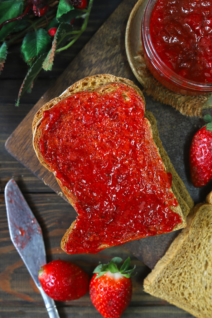 aerial shot of toast layered with strawberry jam