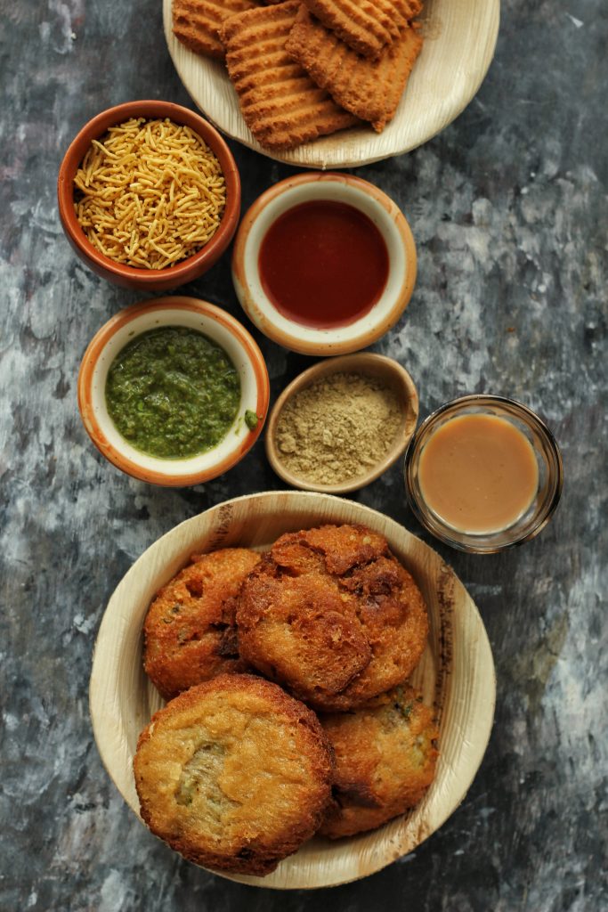 aerial shot of potato bread roll breakfast table