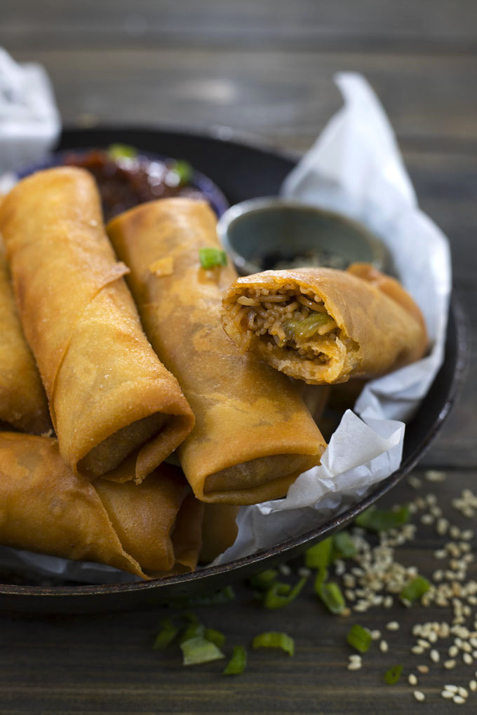 side close up shot of veg spring roll stacked