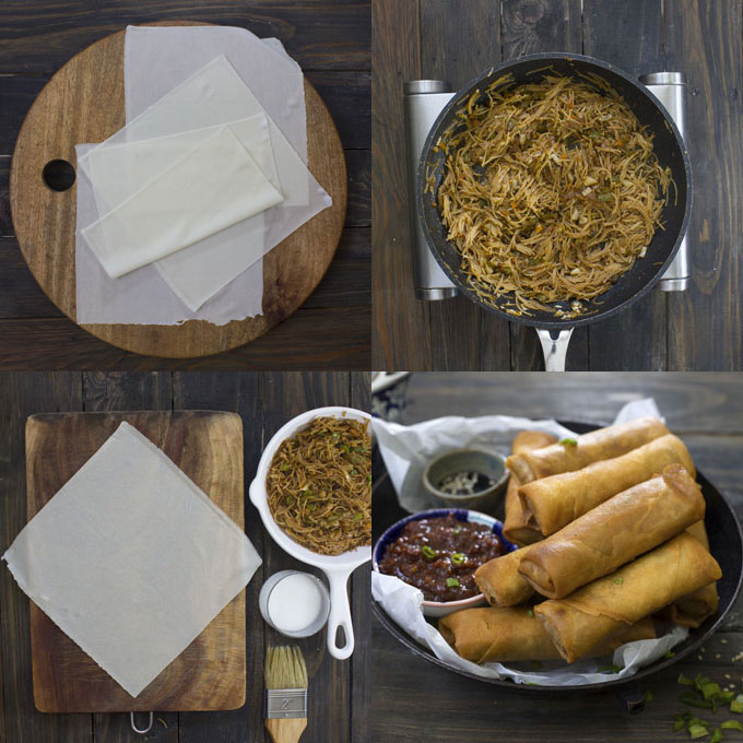 collage of spring roll wrappers and filling