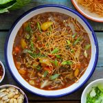 aerial shot of veg chop suey served on a white platter