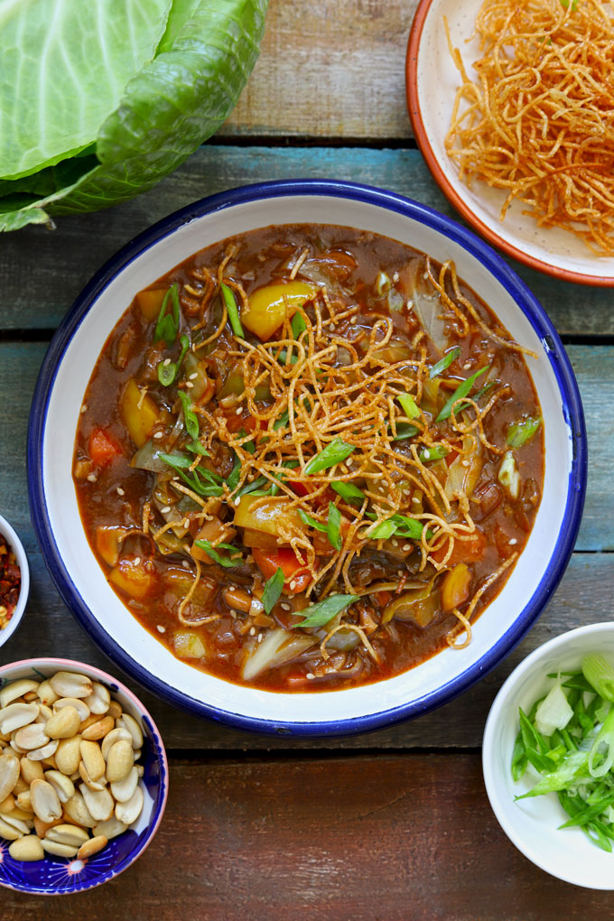 aerial shot of veg chop suey served on a white platter