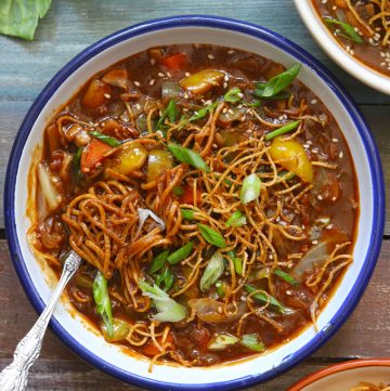 aerial shot of veg Chinese chop suey in a white bowl