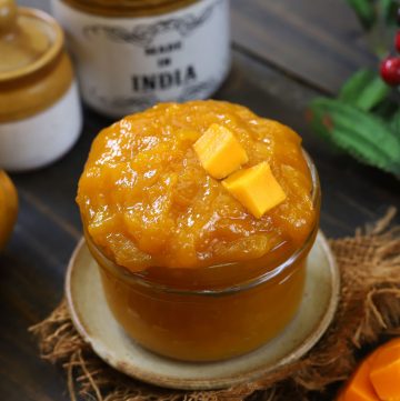side shot of mango jam in a jar
