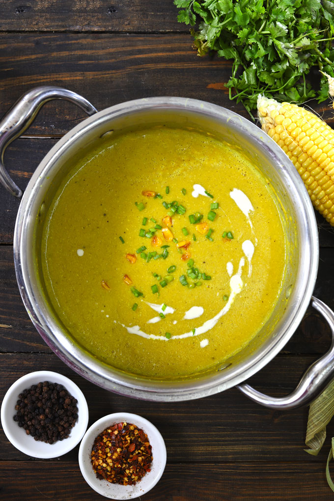 aerial shot of corn soup in a saucepan