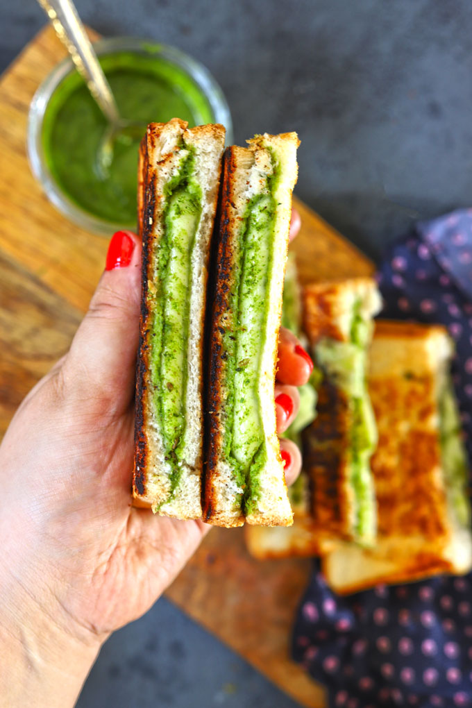 aerial shot of two slices of green cheese sandwich