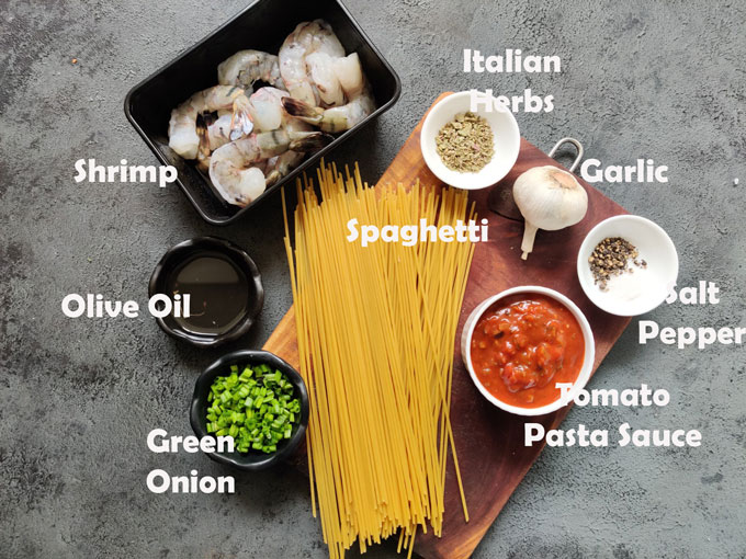 Ingredients for Red Sauce Spaghetti with Shrimp