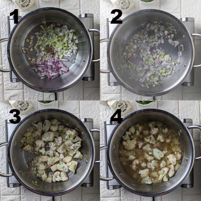 collage of cauliflower soup making steps