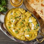 aerial shot of shahi soya curry in a traditional serveware