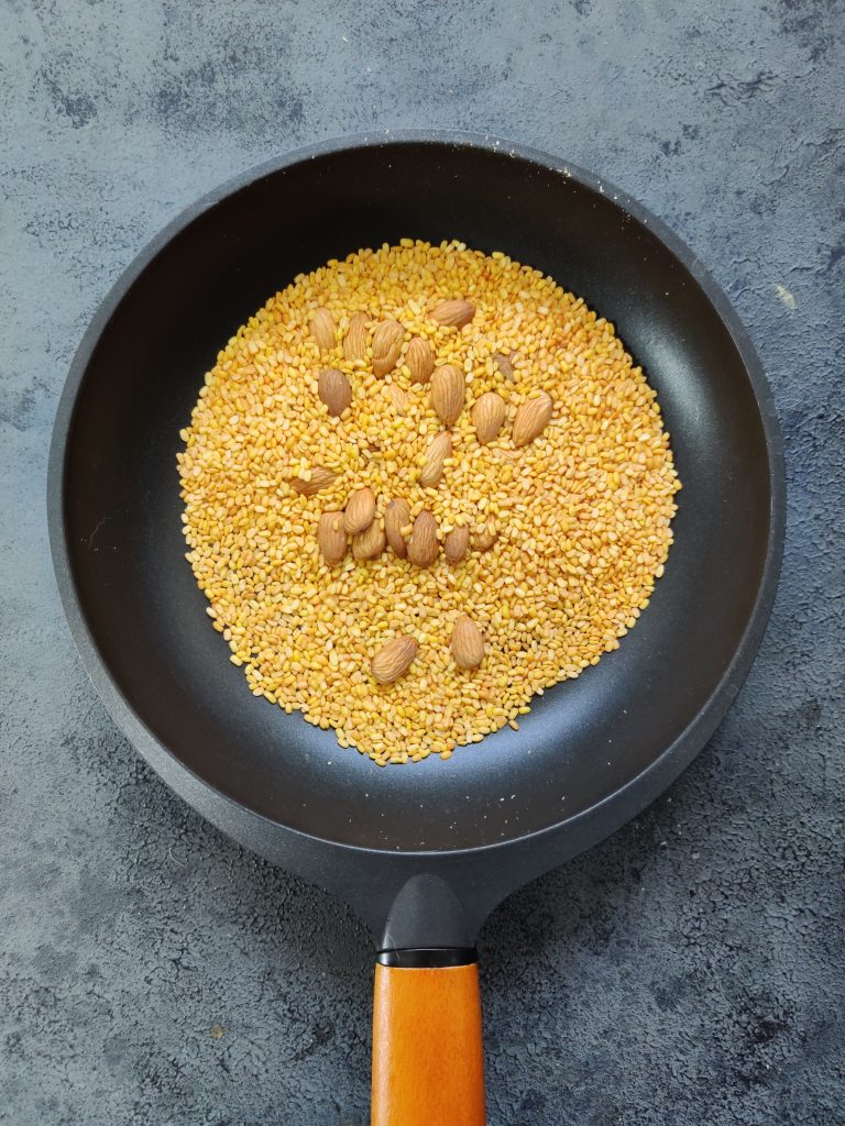 aerial shot of roasted dal and almonds for halwa