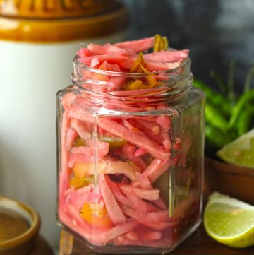 side shot of ginger pickle in a glass jar