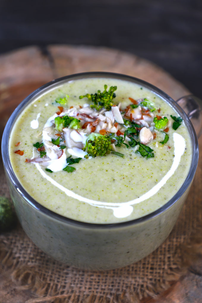 aerial shot of broccoli soup in a mug