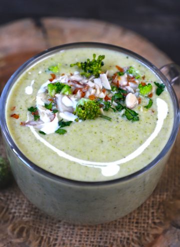 aerial shot of broccoli soup in a mug