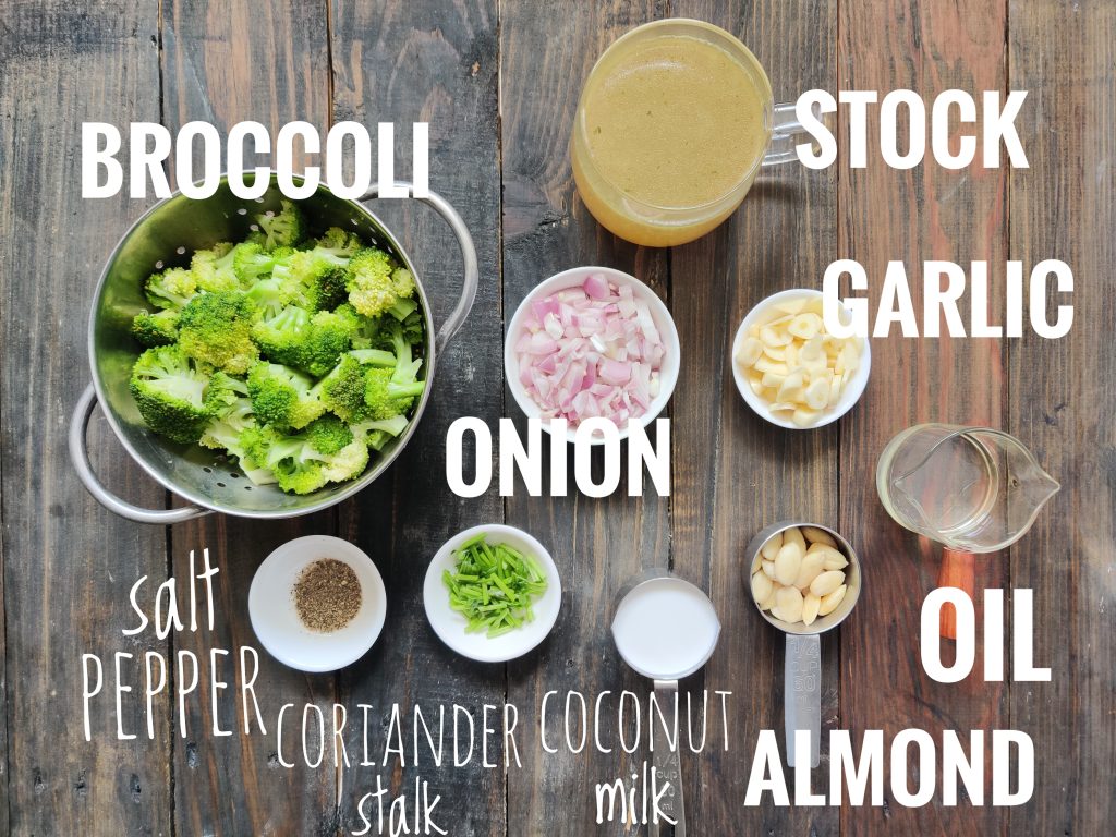 ingredients for healthy broccoli almond soup