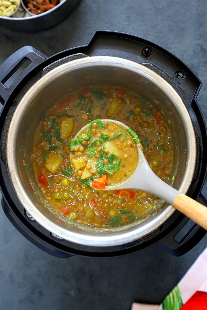 aerial shot of lentil stew in an instant pot