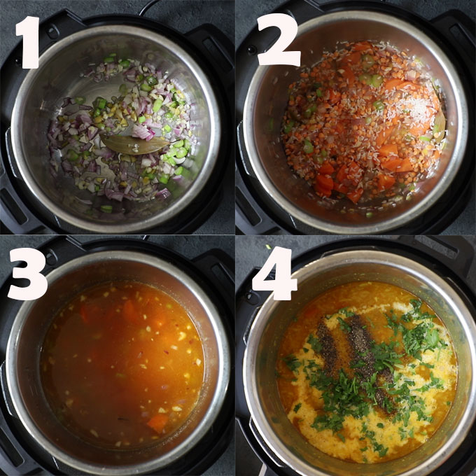 collage of lentil soup cooking in an instant pot