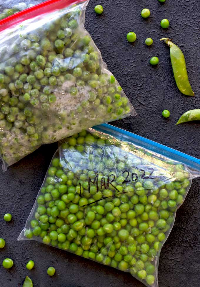 aerial shot of frozen green peas in a ziplock bag