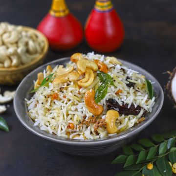 side shot of coconut rice in a grey ceramic bowl