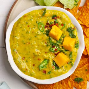 aerial shot of mango dip in a white ceramic bowl