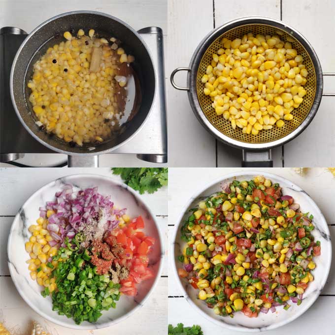 step by step collage of making corn chaat