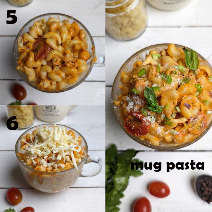 collage of microwave mug pasta cooking steps