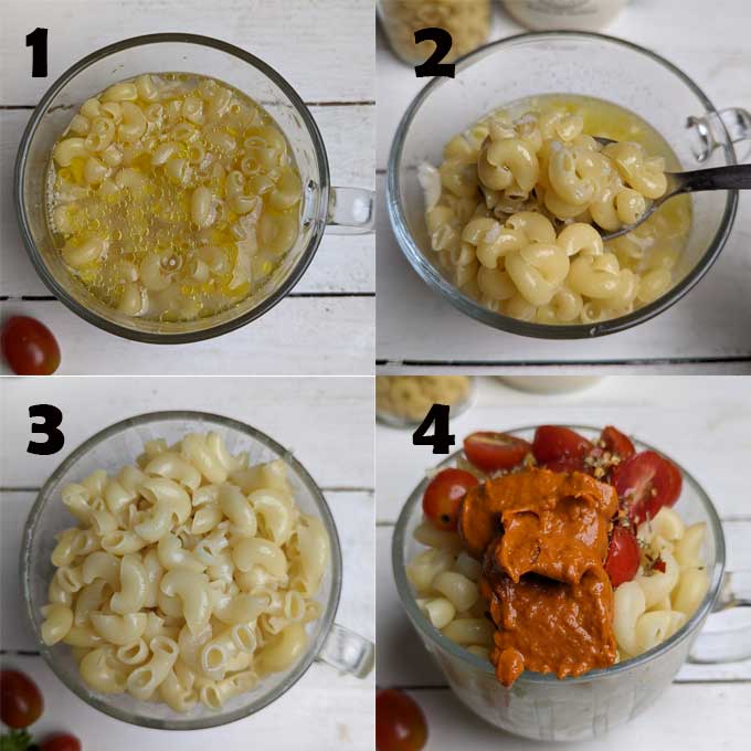 collage of microwave pasta making steps
