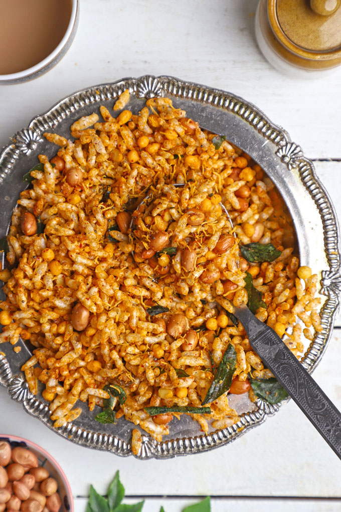 aerial shot of spicy murmura on a silver bowl