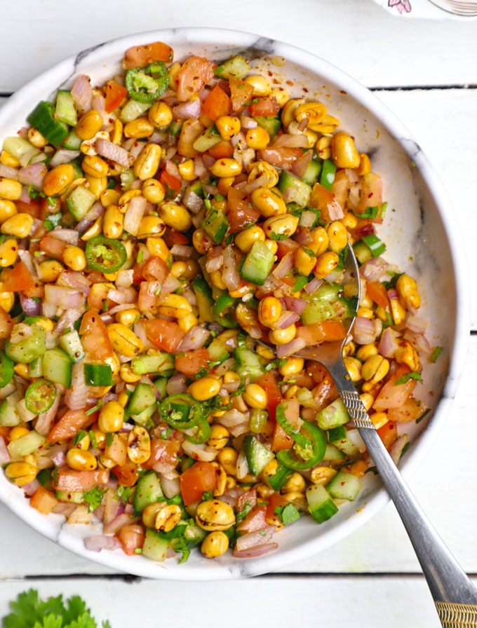 aerial shot of peanut chaat in a white bowl