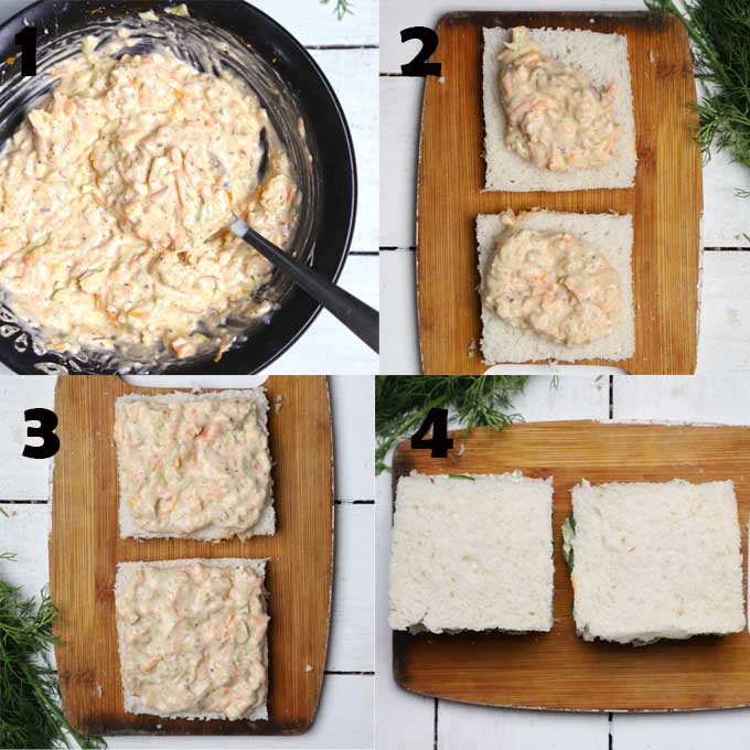 collage of making coleslaw sandwich filling