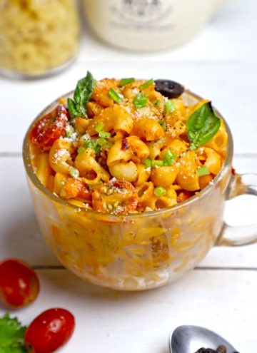 side shot of microwave pasta in a glass mug