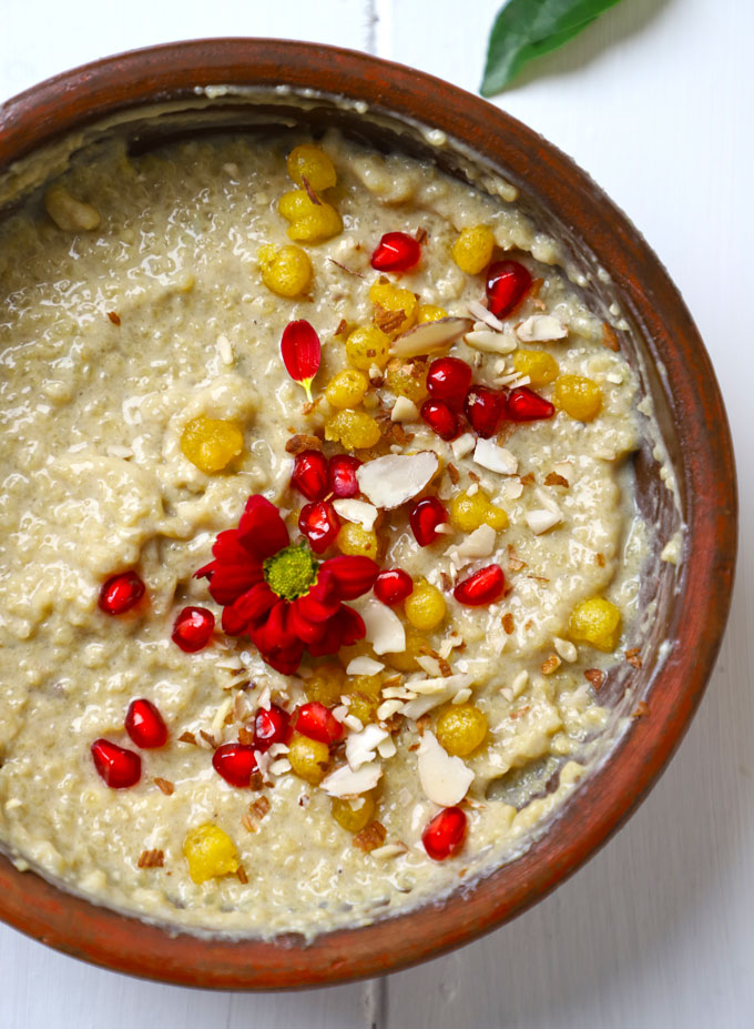 aerial shot of badam phirni in an earthen bowl