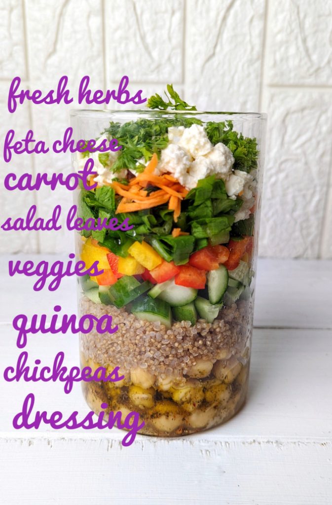 side shot of chickpea quinoa salad jar