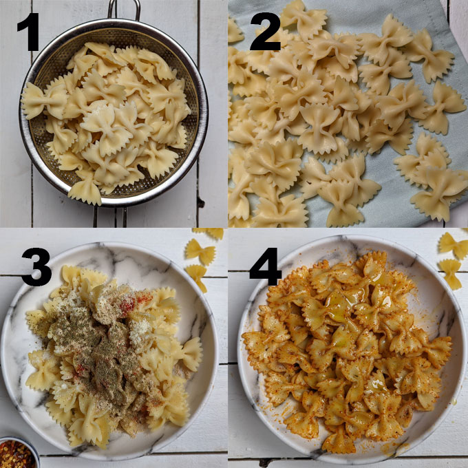collage of pasta chips making steps