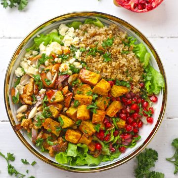 aerial shot of pumpkin salad on a white ceramic platter