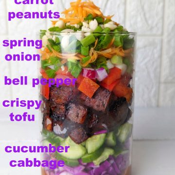 side shot of crispy tofu salad jar