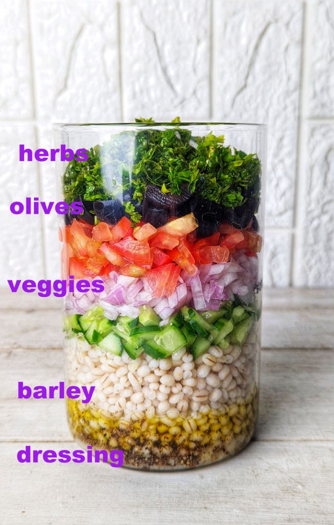 side shot of barley salad jar
