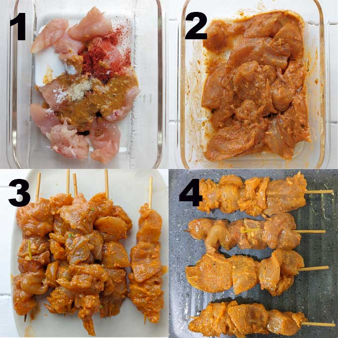 collage of chicken satay making steps 
