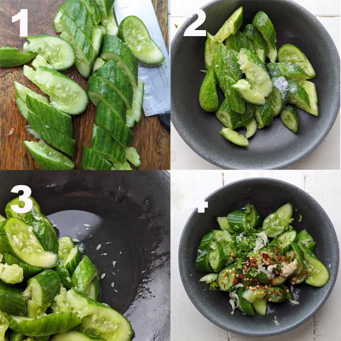 collage of making smashed cucumber salad steps