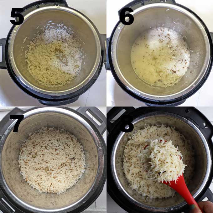 collage of jeera rice cooking steps 