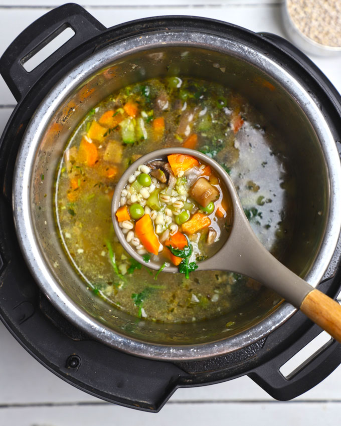 aerial shot of vegetable barley soup in an instant pot