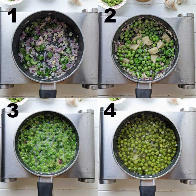collage of green pea soup cooking steps