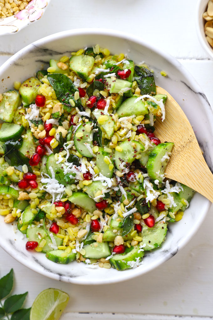 aerial shot of kosambari salad in a white ceramic bowl