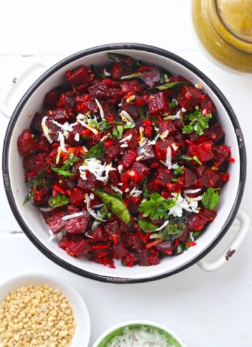 aerial shot of beetroot poriyal in a white ceramic bowl